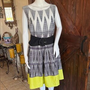 Tahari Black, White & Lime Geometric Midi Dress